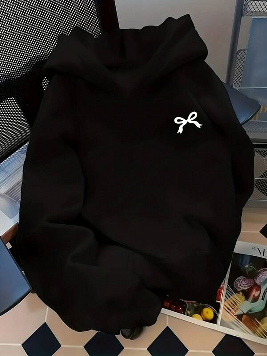 Women's Graphic Hoodie Minimalist White Ribbon Outline On Plain Black Hoodie