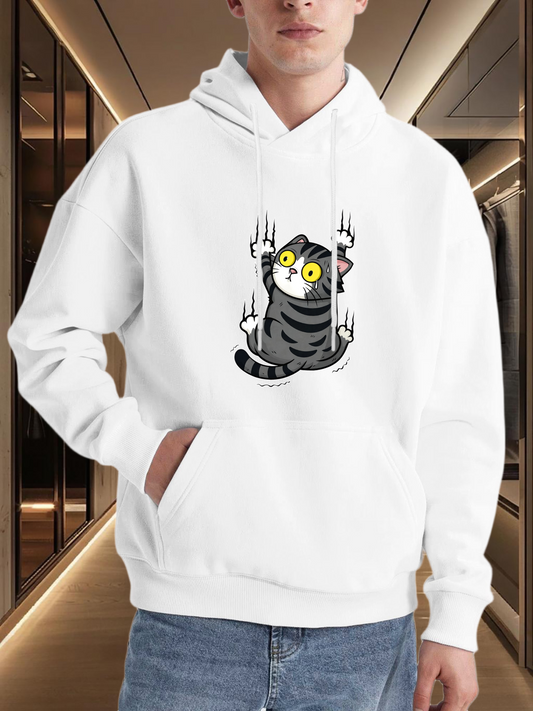 Men's Graphic Hoodie Playful Gray Tabby Cat Clawing Down With Bright Yellow Eyes Hoodie