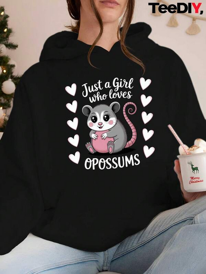 Women's Graphic Hoodie Just A Girl Who Loves Hearts And Cute Gray Animal Opossum