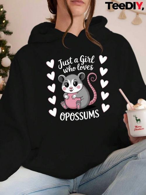 Women's Graphic Hoodie Just A Girl Who Loves Hearts And Cute Gray Animal Opossum