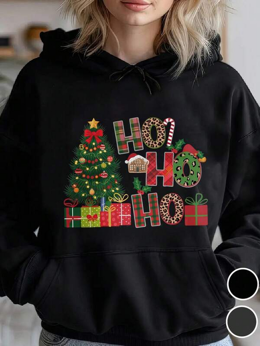 Women's Graphic Hoodie Ho Ho Ho With Christmas Tree Gifts And Candy Canes