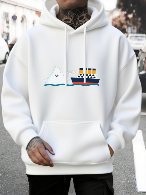 Men's Graphic Hoodie Simple Ocean Waves Blue Iceberg And Colorful Ship