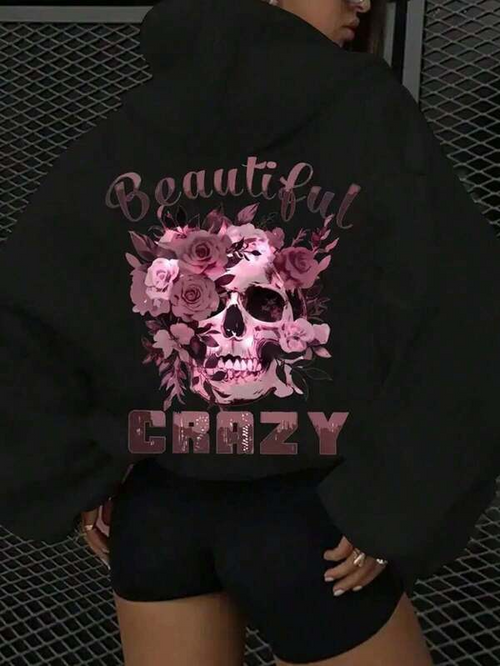 Women's Graphic Hoodie Beautiful Crazy With Pink Roses And Skull Surrounded By Floral Elements Skull