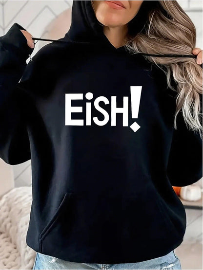 Women's Graphic Hoodie Eish Bold White Letters On Cozy Black Hoodie