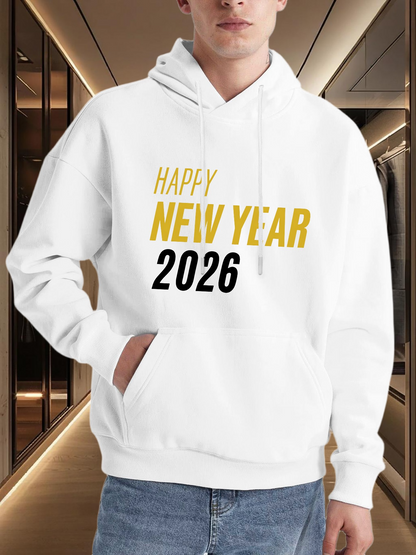 Men's Graphic Hoodie Happy New Year 2026 Vibrant Yellow Festive Print Hoodie Under Bright Modern Lighting