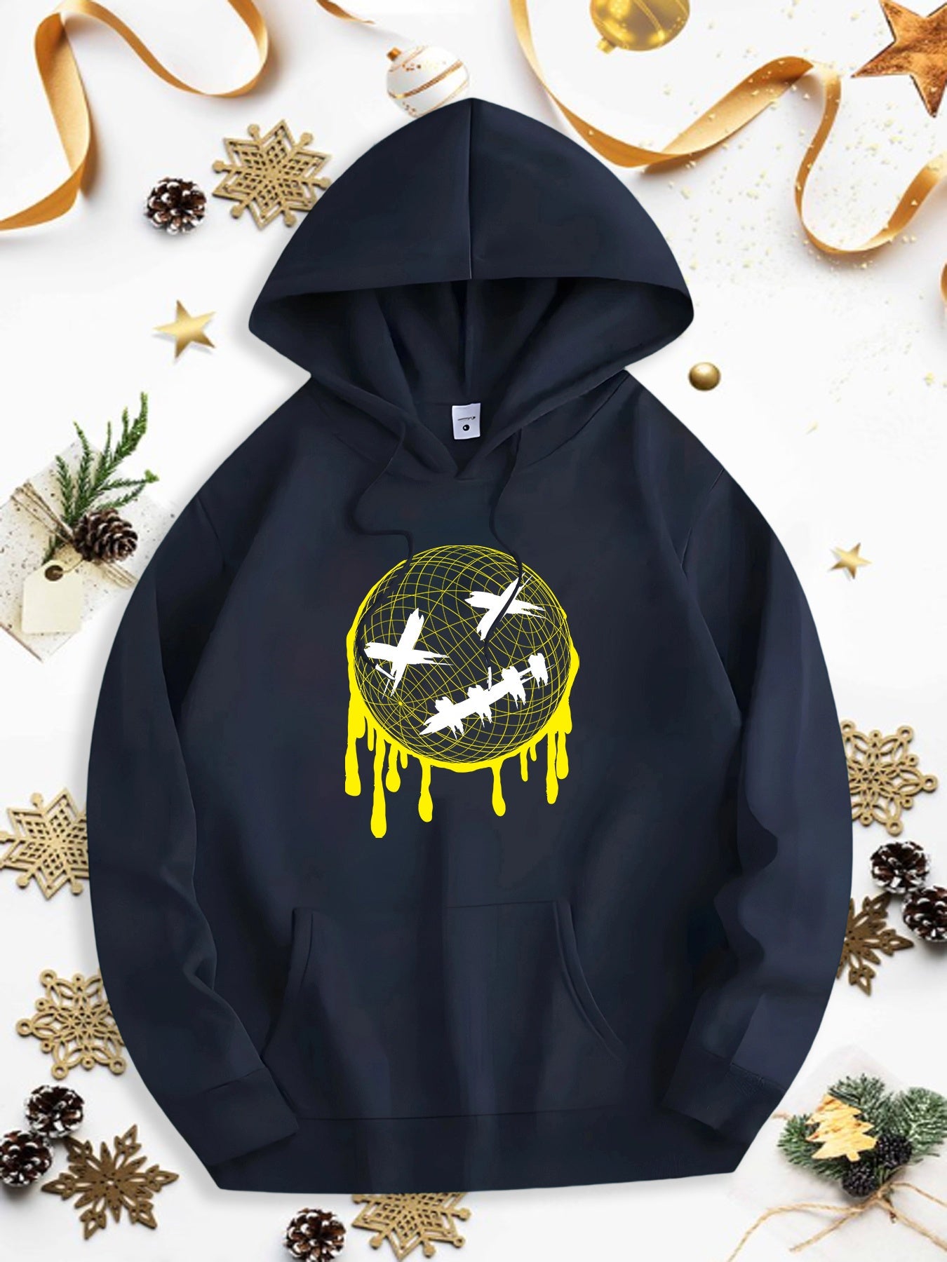Men's Graphic Hoodie Yellow Neon Graffiti With Flying Birds Inside Dripping Circle