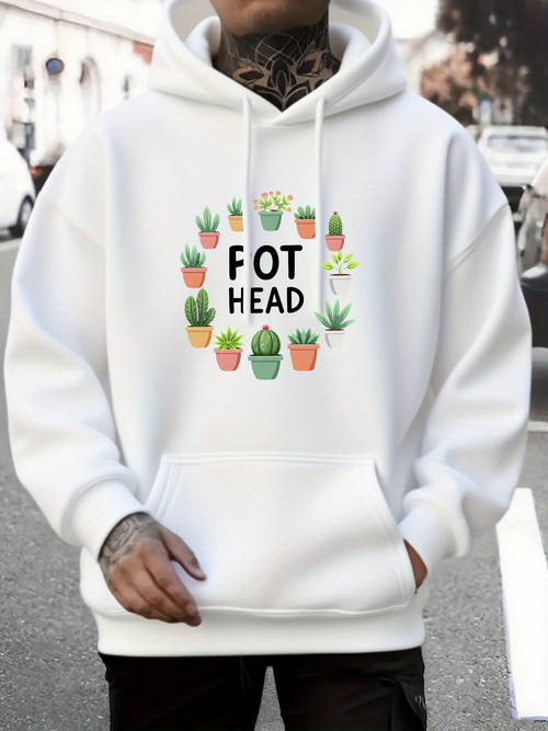 Men's Graphic Hoodie Pot Head Playful Cactus And Succulent Plants Surrounded By Green Leaves Hoodie