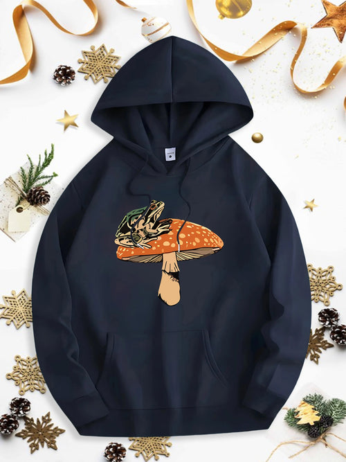 Men's Graphic Hoodie Whimsical Forest With Moss And Wild Frogs On Mushroom