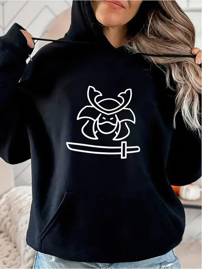 Women's Graphic Hoodie Bold Linework Emblem Over Minimalist Curved Sword Samurai Helmet