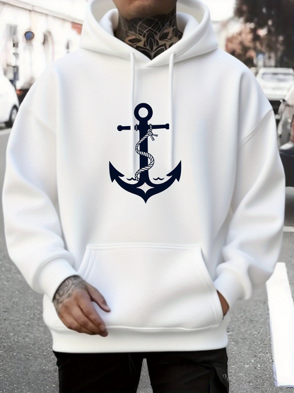 Men's Graphic Hoodie Classic Nautical Style With Navy Blue Anchor Motif Hoodie