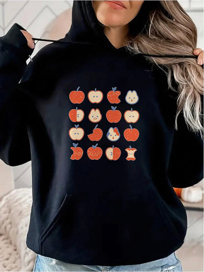 Women's Graphic Hoodie Cute Faces Among Juicy Red And Sliced Cartoon Apples
