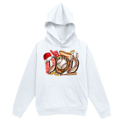 Men's Graphic Hoodie Classic Baseball Gear With Glove Cap Bat Ball And Red Striped Socks