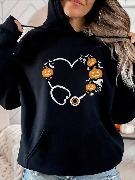 Women's Graphic Hoodie Spooky Pumpkins And Ghosts Forming A Playful Heart Halloween Design