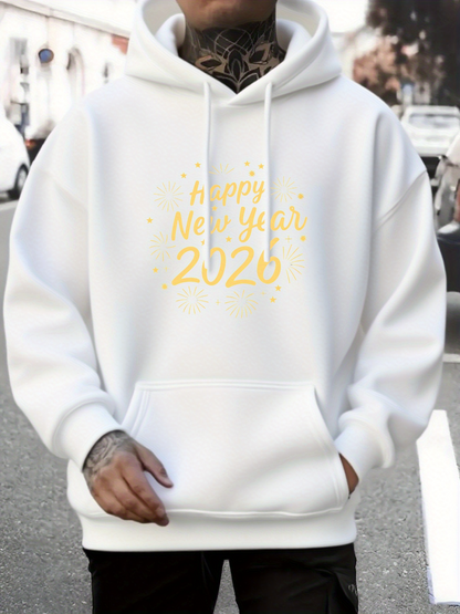Men's Graphic Hoodie Happy New Year 2020 Festive Yellow Lettering On Cozy White Hoodie