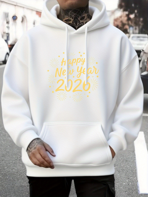 Men's Graphic Hoodie Happy New Year 2020 Festive Yellow Lettering On Cozy White Hoodie