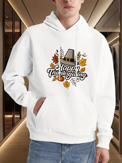 Men's Graphic Hoodie Happy Thanksgiving With Autumn Leaves Pilgrim Hat And Pumpkin