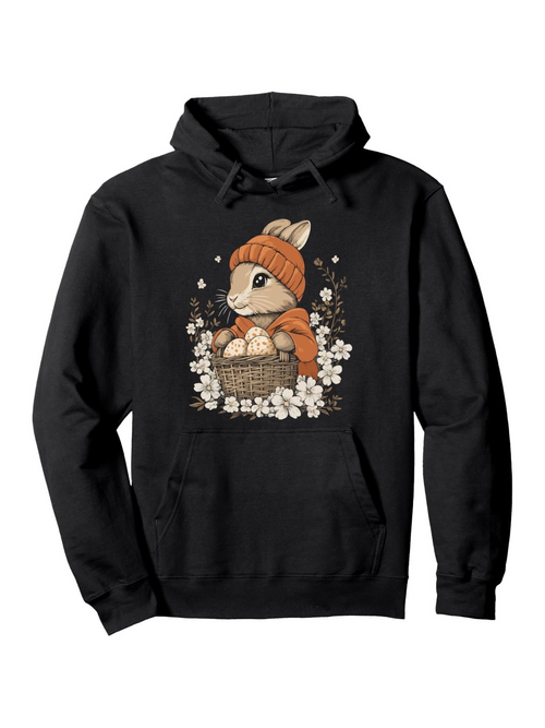 Men's Graphic Hoodie Cozy Autumn Flowers With Rabbit Holding Basket Of Eggs