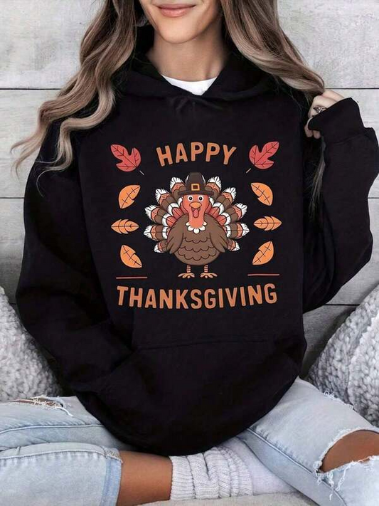 Women's Graphic Hoodie Happy Thanksgiving Cute Turkey Surrounded By Autumn Leaves And Folk Art Motifs