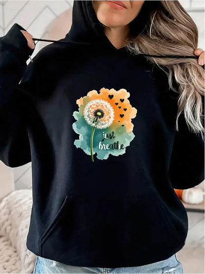 Women's Graphic Hoodie Just Breathe Watercolor Sunlit Flower With Floating Seeds Dandelion