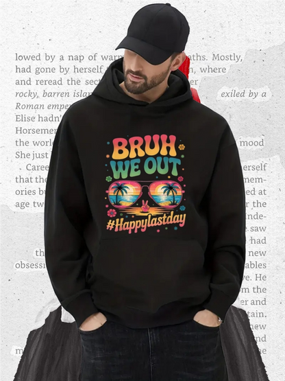 Men's Graphic Hoodie Bruh We Out Palm Trees Fireworks With Colorful Sunglasses Under Neon Lights