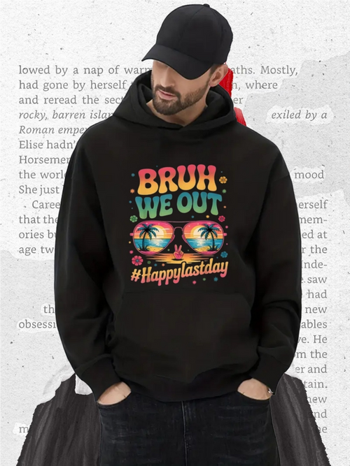 Men's Graphic Hoodie Bruh We Out Palm Trees Fireworks With Colorful Sunglasses Under Neon Lights