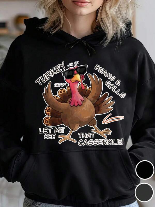 Women's Graphic Hoodie Turkey Wearing Sunglasses With Forks And Thanksgiving Food Motifs Turkey