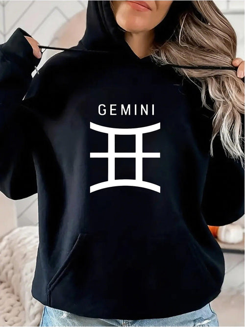 Women's Graphic Hoodie Gemini Minimalist Zodiac Symbol With Bold Clean White Lines Centerpiece