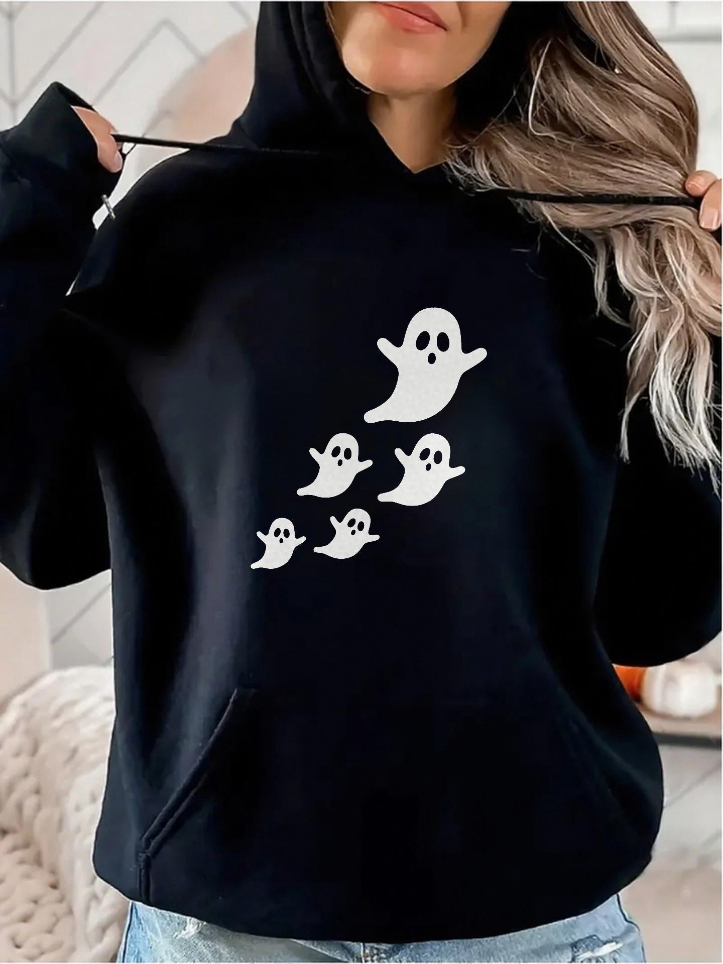 Women's Graphic Hoodie Floating Cute Little White Ghosts Under Playful Night Sky Ghost