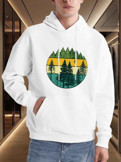 Men's Graphic Hoodie Sunset Horizon With Tall Pine Trees Forest Circle