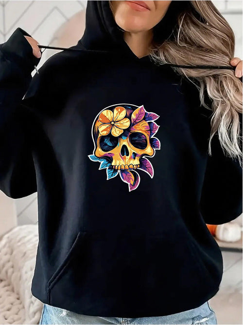 Women's Graphic Hoodie Colorful Tropical Leaves And Flowers Surrounding Bright Yellow Skull