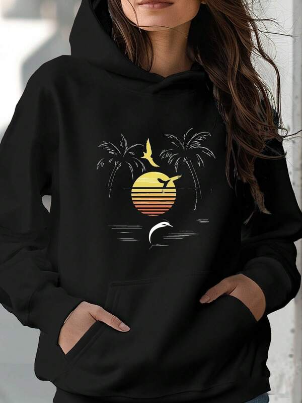 Women's Graphic Hoodie Sunset Beach Scene With Palm Trees Birds And Ocean Wave