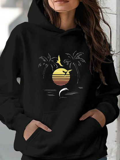 Women's Graphic Hoodie Sunset Beach Scene With Palm Trees Birds And Ocean Wave