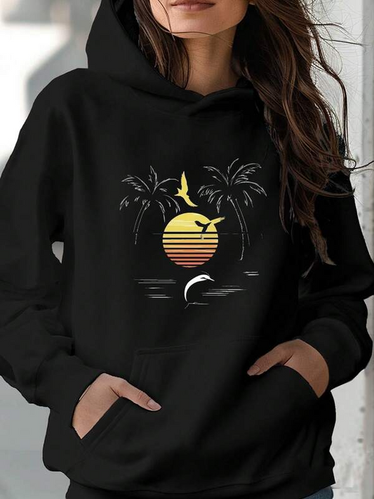 Women's Graphic Hoodie Sunset Beach Scene With Palm Trees Birds And Ocean Wave