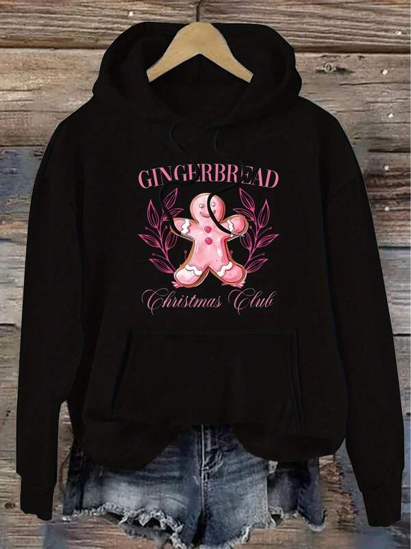 Women's Graphic Hoodie Gingerbread Surrounded By Pink Leaves Christmas Gingerbread Cookie