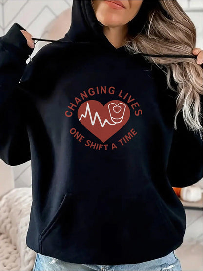 Women's Graphic Hoodie Changing Lives Inspirational Message With Heart And Pulse Symbol Hoodie