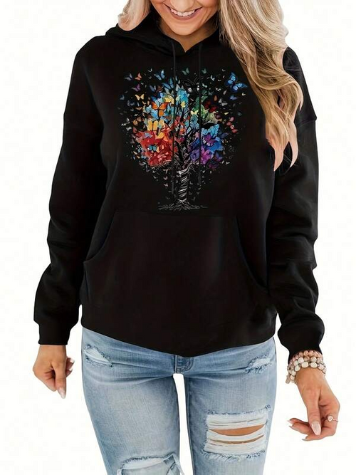 Women's Graphic Hoodie Rainbow Butterflies Flying Around Vibrant Artistic Tree