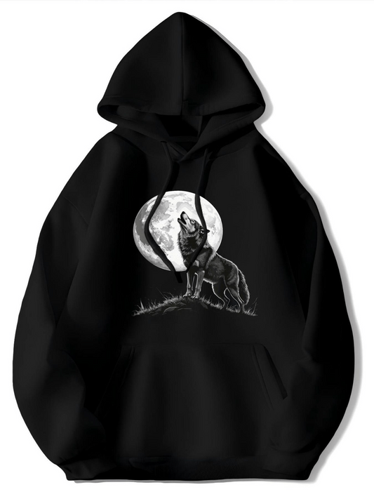 Men's Graphic Hoodie Nighttime Wilderness Howling At The Bright Full Moon Wolf