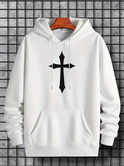 Men's Graphic Hoodie Minimalist Black Cross Graphic White Hoodie Front