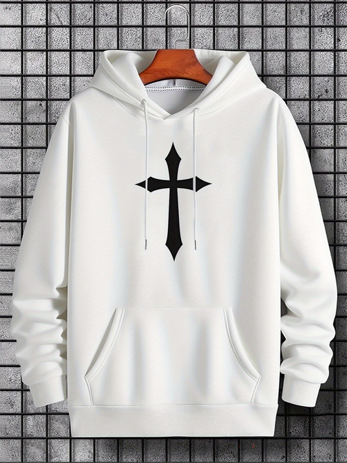Men's Graphic Hoodie Minimalist Black Cross Graphic White Hoodie Front