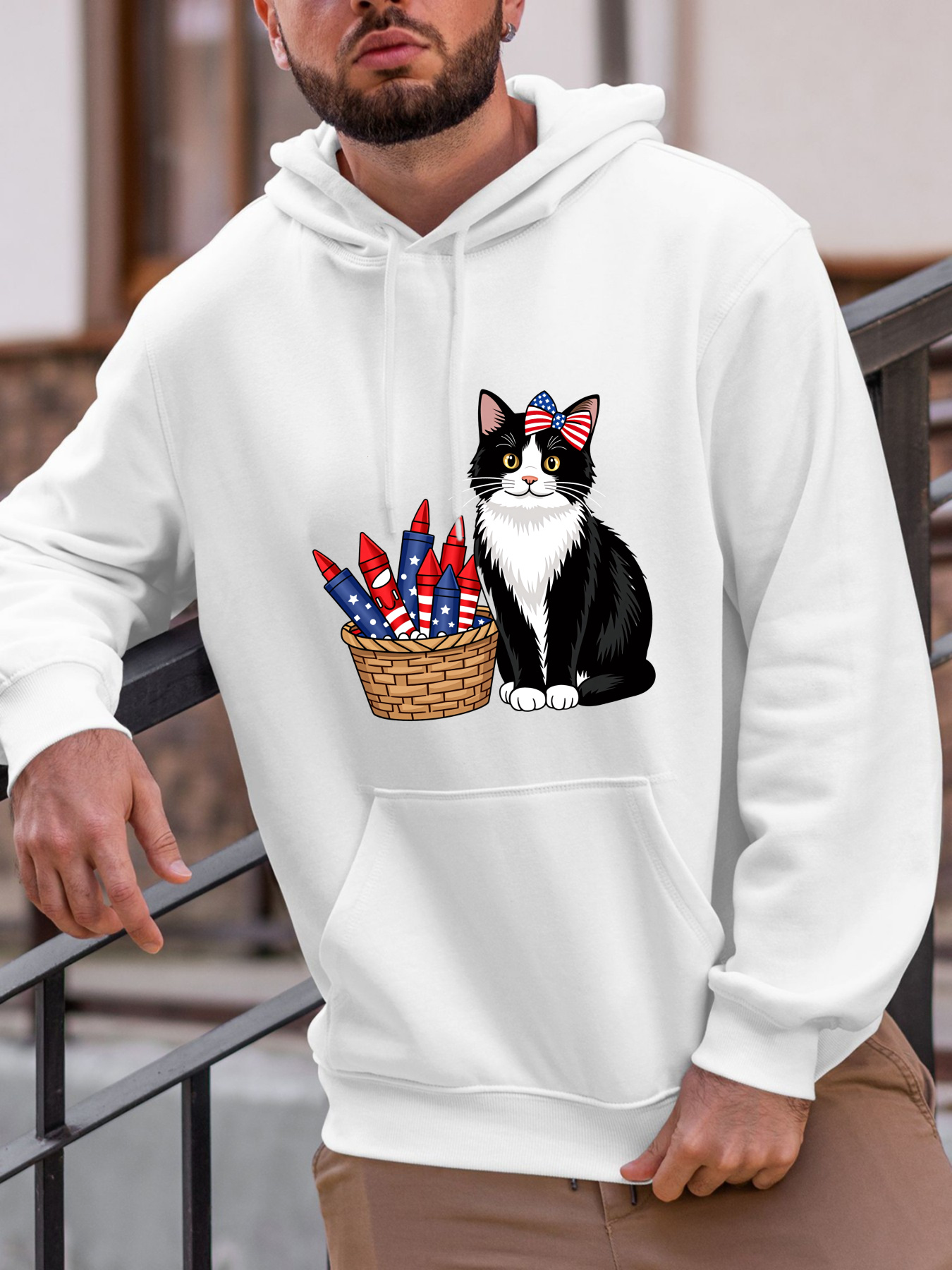 Men's Graphic Hoodie Patriotic Fireworks Among Picnic Basket With Bandana Cat
