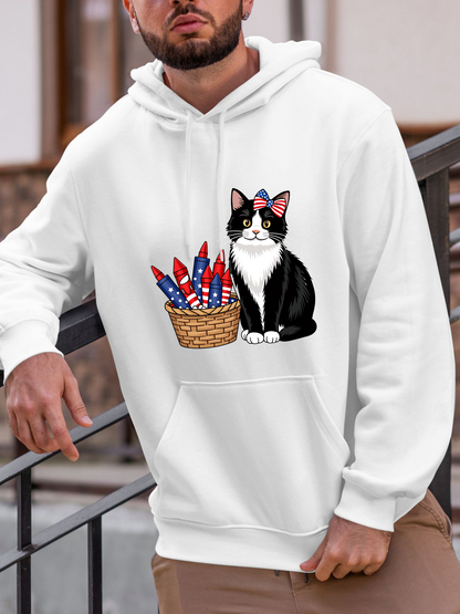 Men's Graphic Hoodie Patriotic Fireworks Among Picnic Basket With Bandana Cat