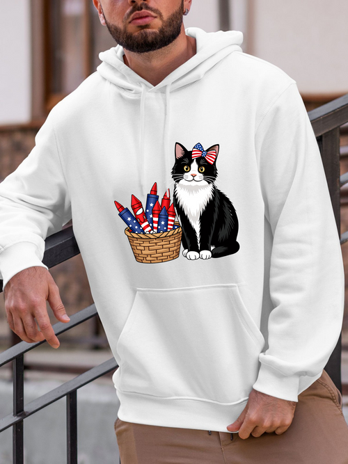 Men's Graphic Hoodie Patriotic Fireworks Among Picnic Basket With Bandana Cat
