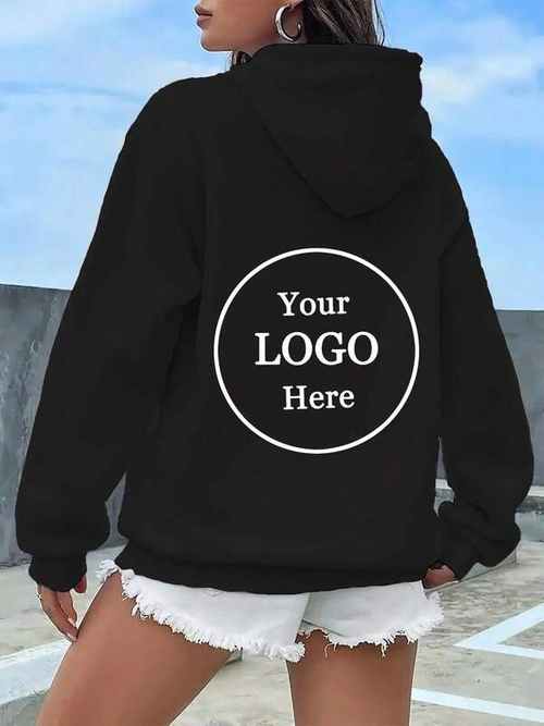 Women's Graphic Hoodie Customizable Black Hoodie With Minimalistic Circular Logo Print