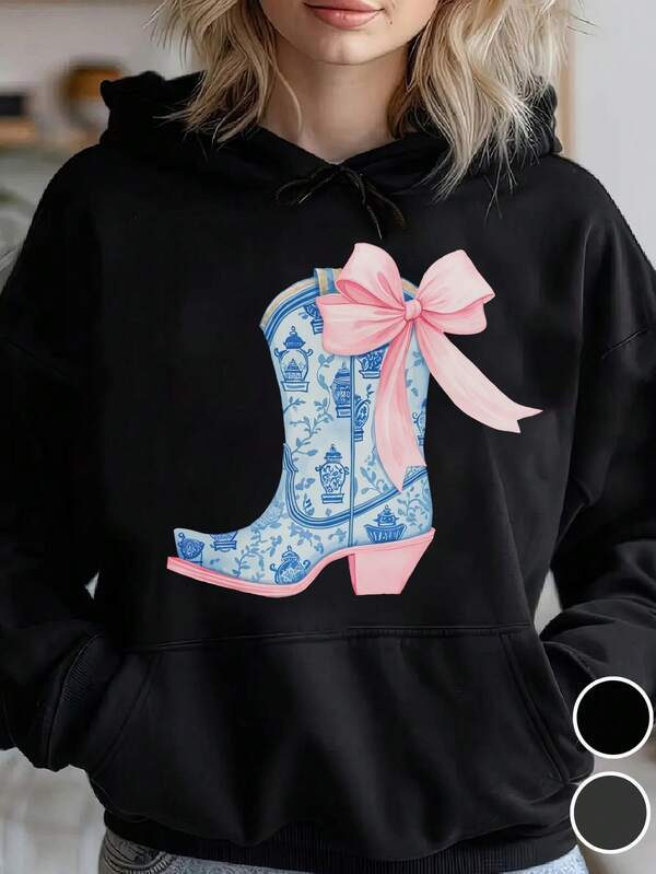 Women's Graphic Hoodie Pastel Pink Ribbon Among Blue Porcelain Patterned Decorative Boot