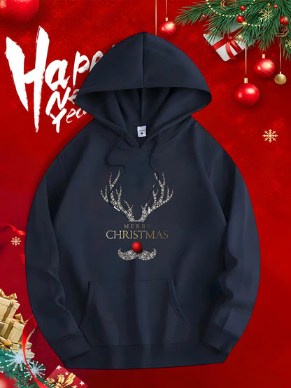 Men's Graphic Hoodie Sparkling Antlers With Red Nose Under Festive Christmas Deer