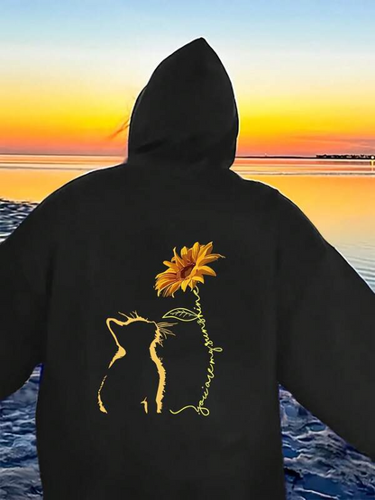 Women's Graphic Hoodie Golden Sunset Silhouette With A Glowing Sunflower Cat