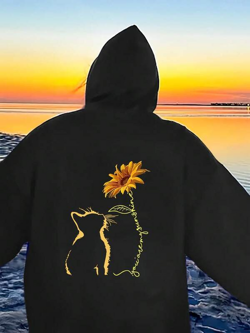 Women's Graphic Hoodie Golden Sunset Silhouette With A Glowing Sunflower Cat