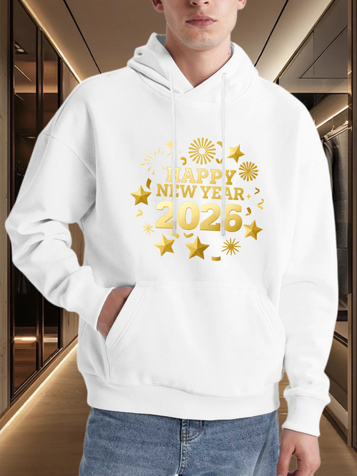 Men's Graphic Hoodie Happy New Year With Golden Stars And Sparkling Fireworks Celebration 2026