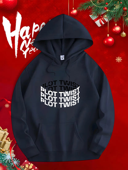 Men's Graphic Hoodie Plot Twist Distorted Overlapping Text On Solid Black Hooded Sweatshirt
