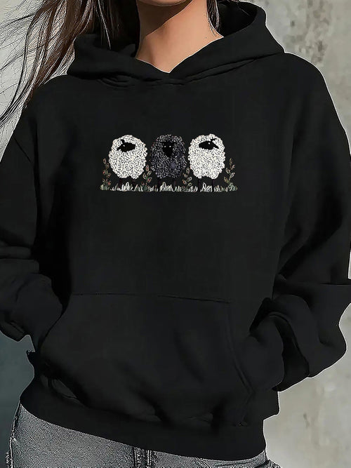 Women's Graphic Hoodie Playful Pasture Sheep Grazing On Lush Meadow With Fluffy Woolly Animals Sheep